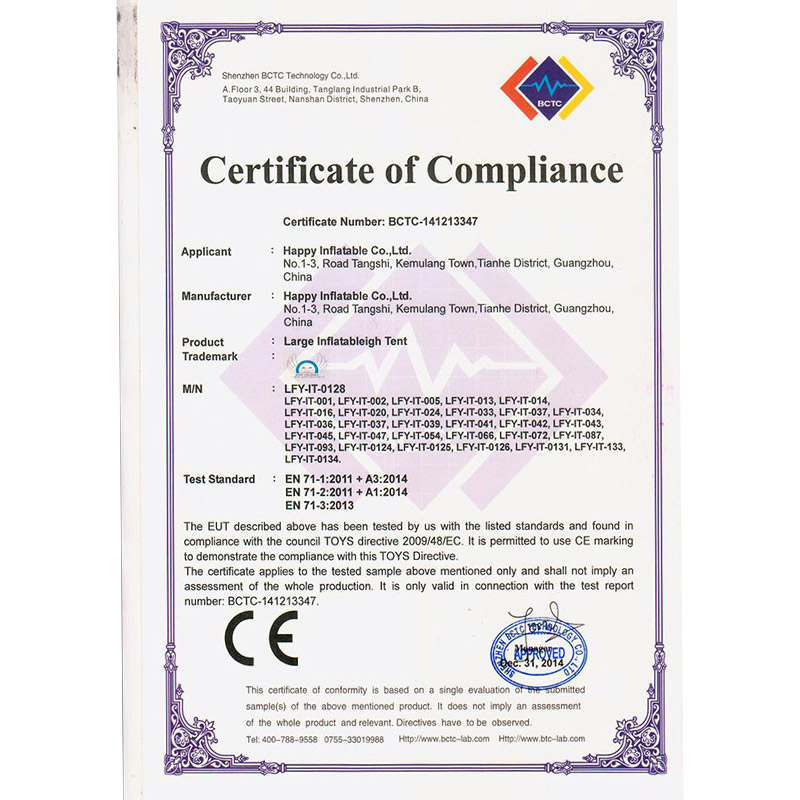 Certificato EN71 per tenda gonfiabile