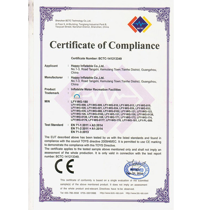 Certificato EN71 per giochi d'acqua gonfiabili